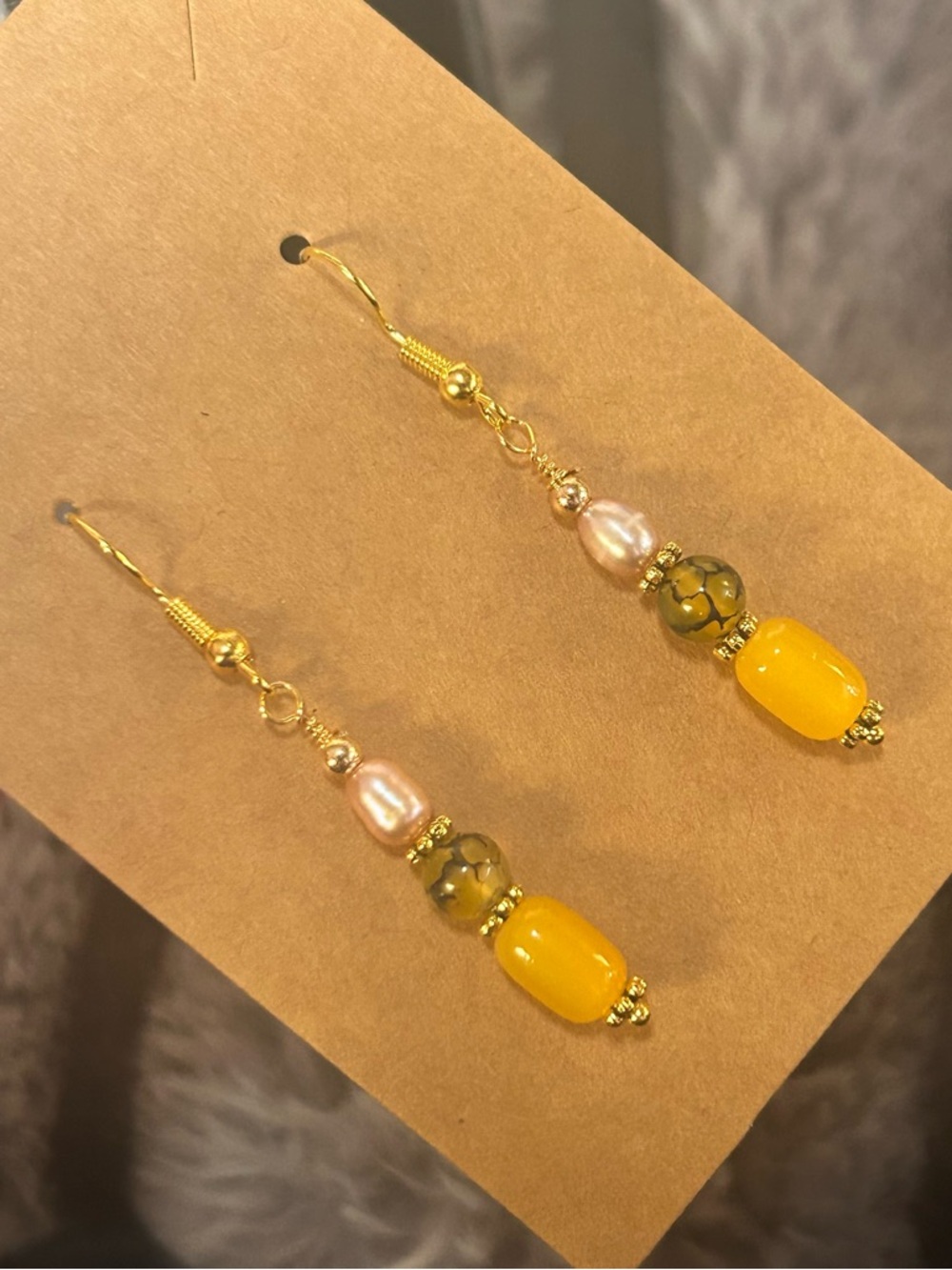 Handcrafted lemon cat eye glass barrel dragon vein agate genuine pearl earrings